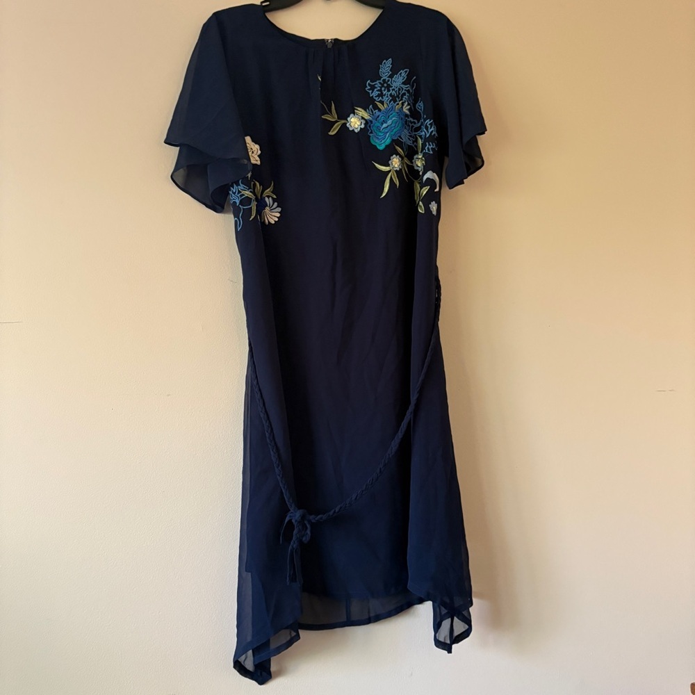 NWT Desigual Blue Floral Embroidered Dress XL Sheer Overlay